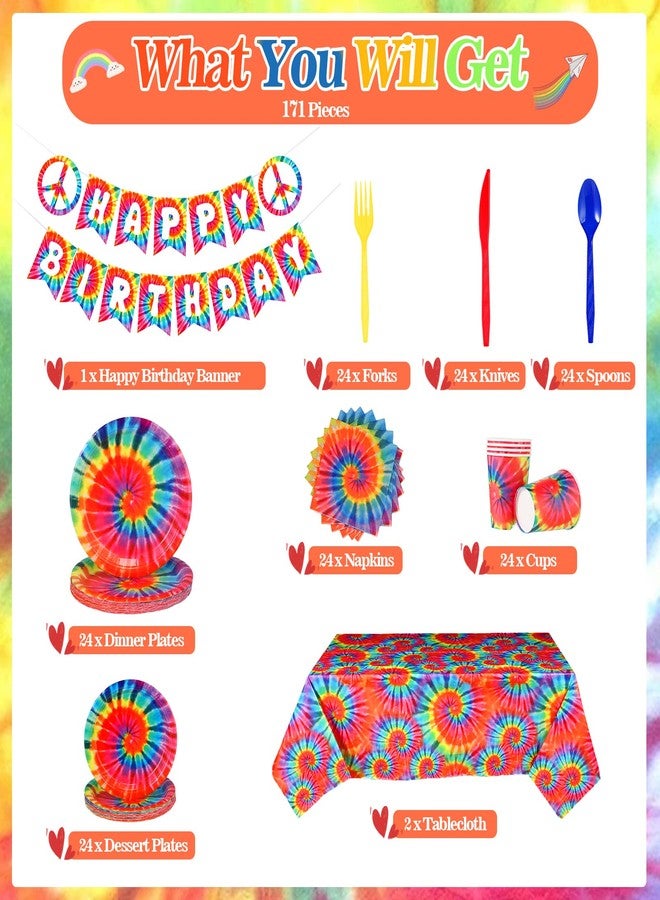 Yaomiao 171 Pcs Tie Dye Tablecloth Birthday Decorations Tie Dye Party Tableware Set Serves 24 Includes Tie Dye Birthday Banner Rainbow Tablecloth Paper Plates Napkins Cups and Disposable Cutlery - Image 2